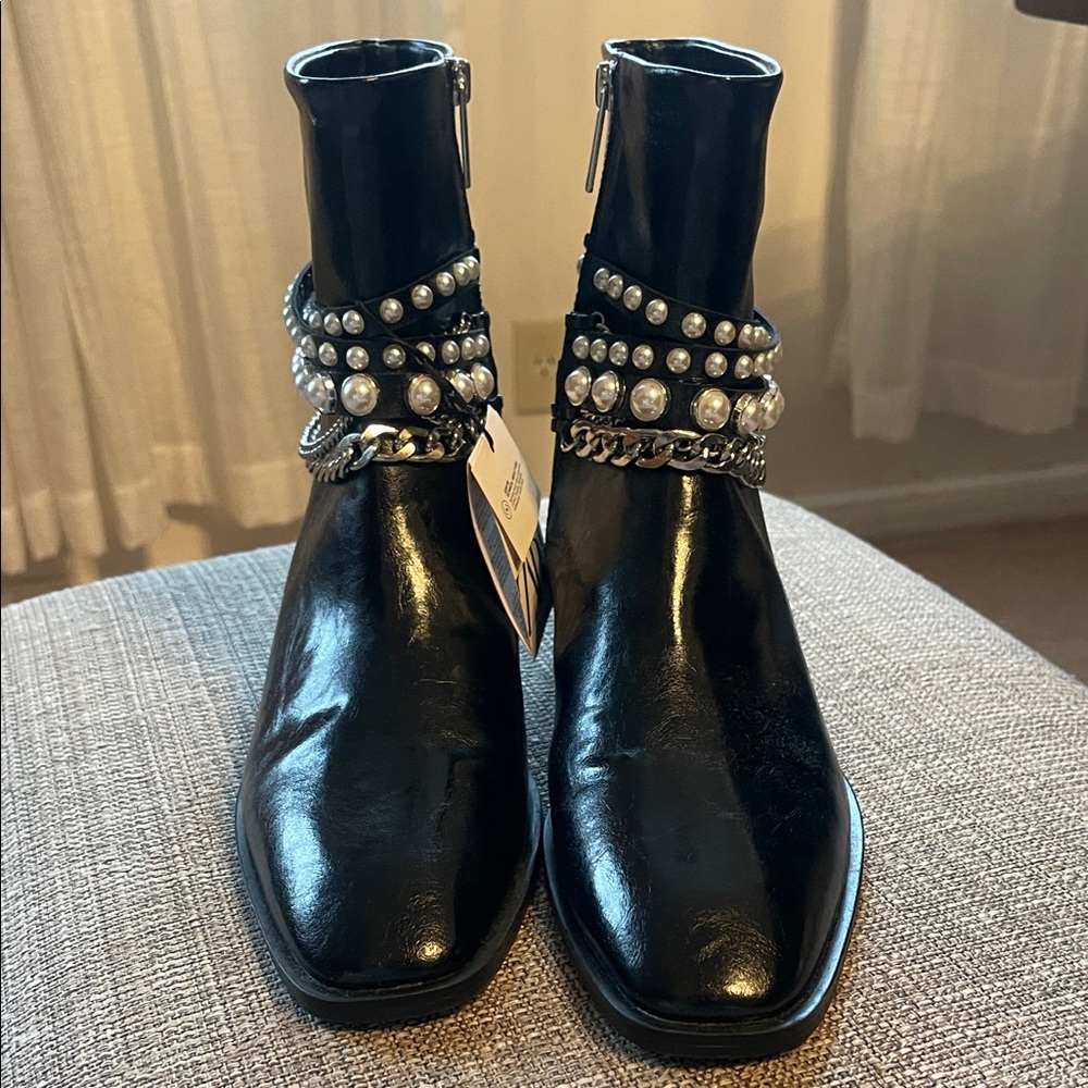Zara Black Ankle Boots with Pearl and Chain Accents